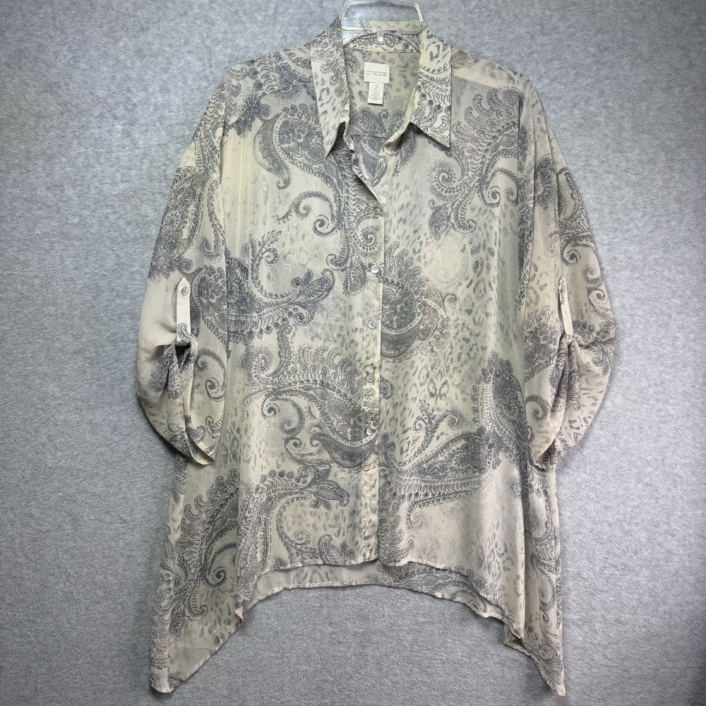 CHICOS Womens 2 Large Button Up Blouse Sheer Gauzy Paisley Animal Gray Ivory